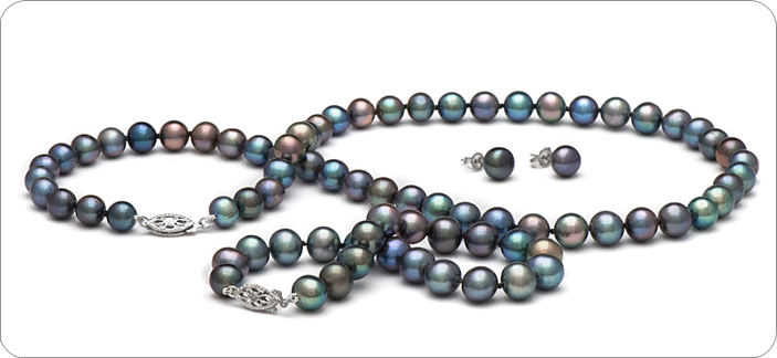 Parure de perles d'Akoya 3 bijoux 45/18 cm, 6.5-7 mm, noires AAA